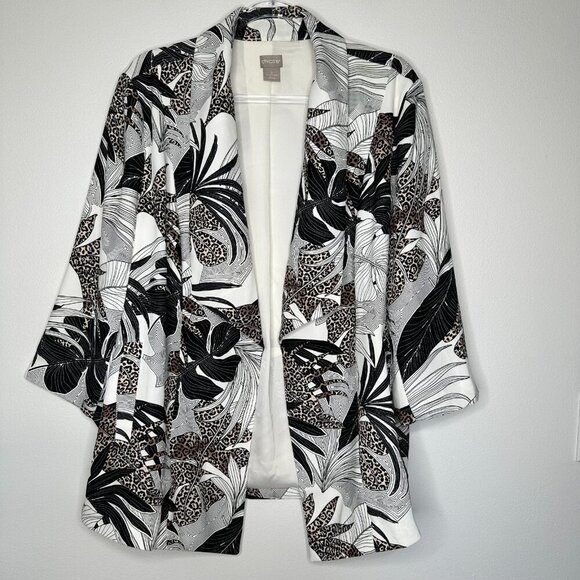 Chicos Tropical Print Draped Jacket Womens XL White Black Open Front - Picture 1 of 9